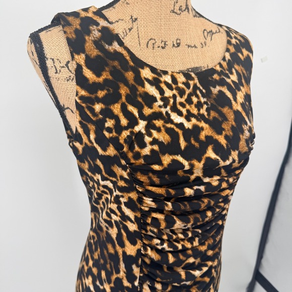Calvin Klein Women's 8 Leopard Print Sheath Dress Sleeveless Ruched Mob Wife - Picture 4 of 10